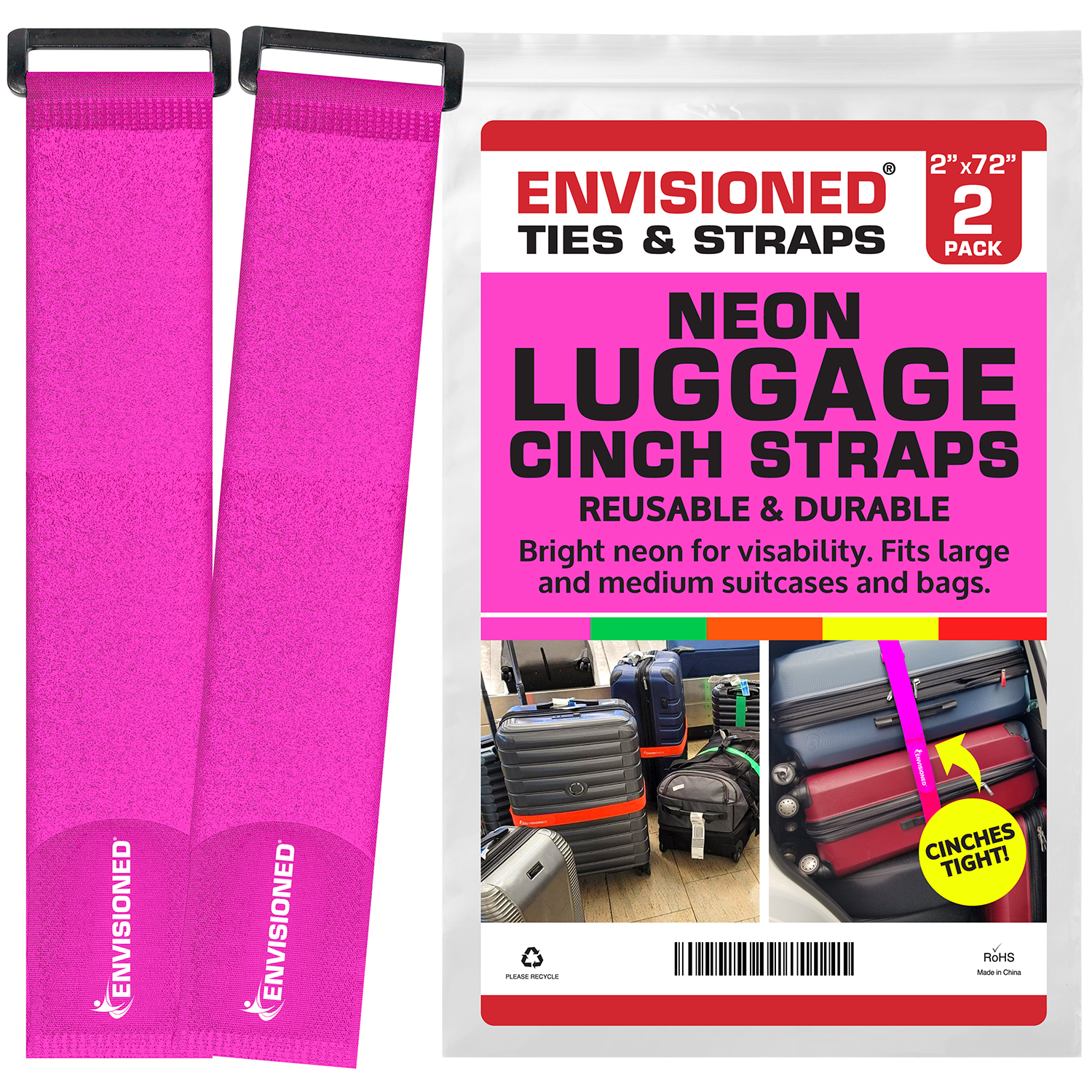 Neon Pink Reusable Luggage Straps (2 Pack)