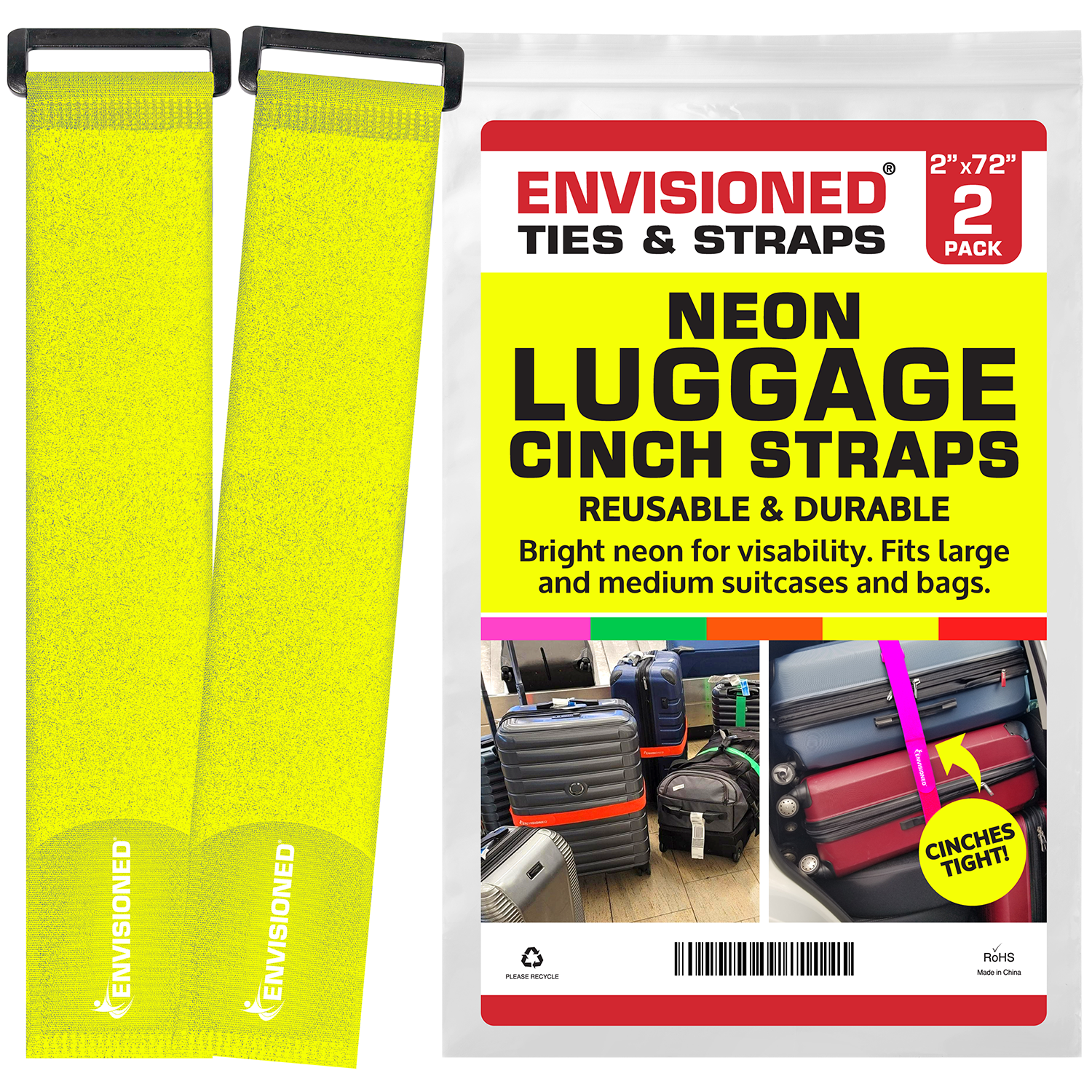 Neon Yellow Reusable Luggage Straps (2 Pack)