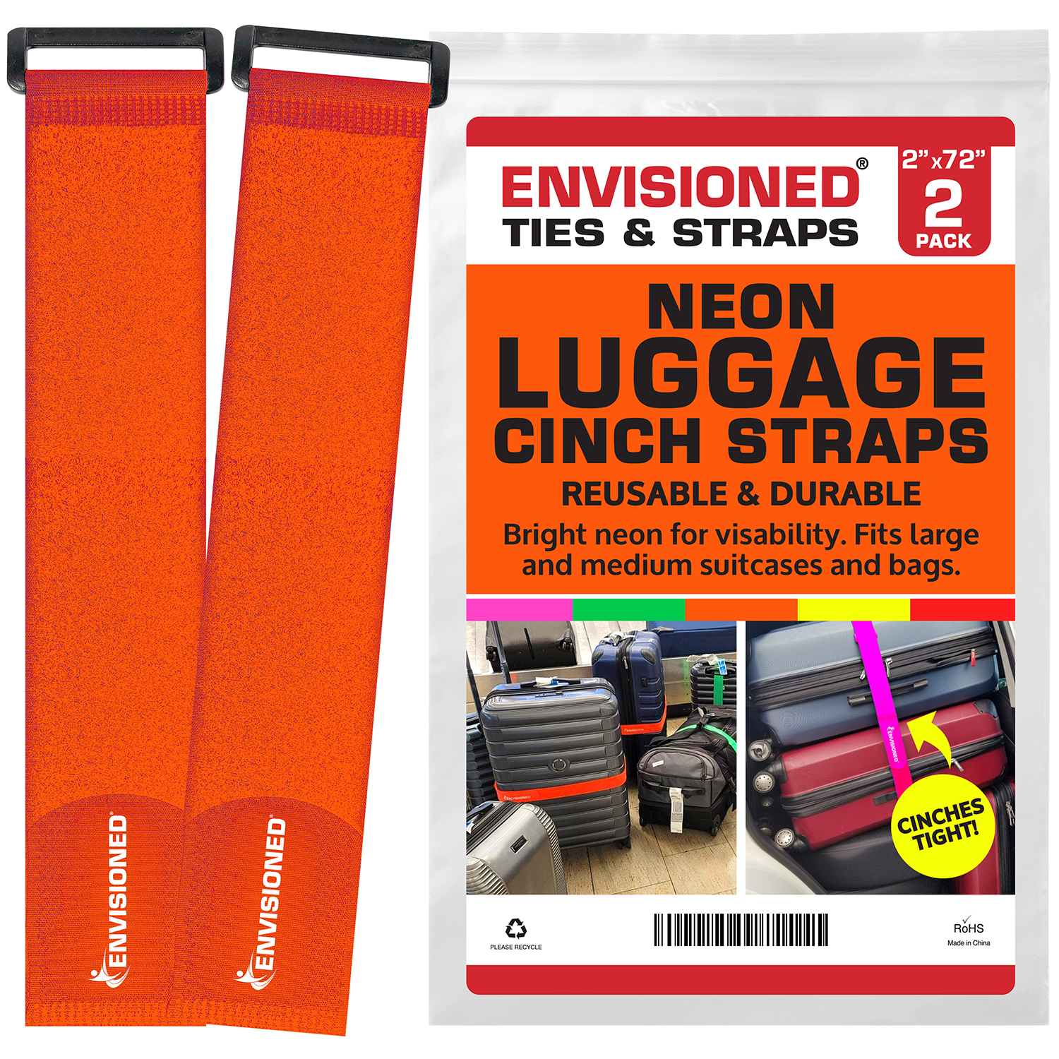 Neon Orange Reusable Luggage Straps (2 Pack)