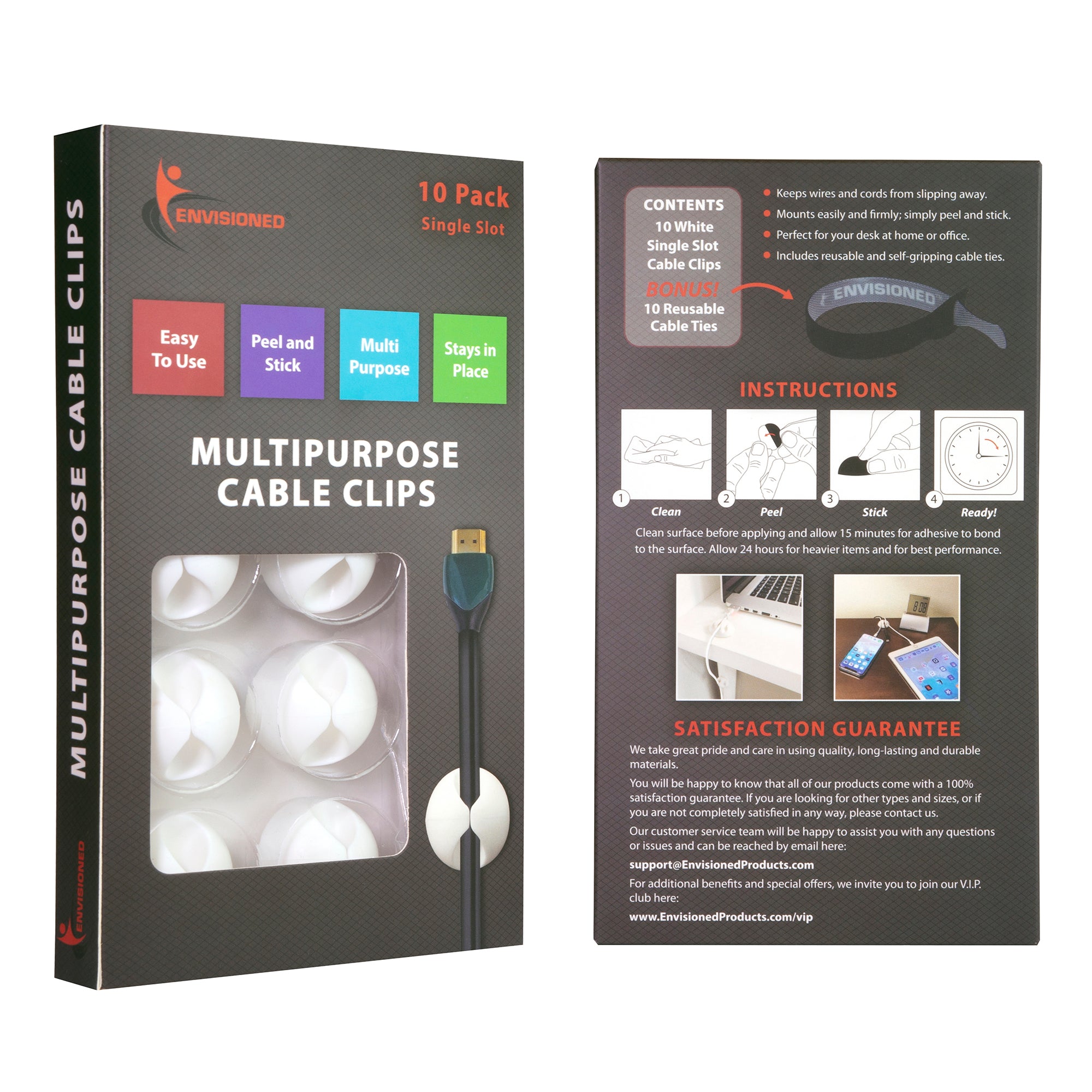 Round Cable Clips (1 Slot), 10 Pack, Bundled with 10 Reusable Cable Ties